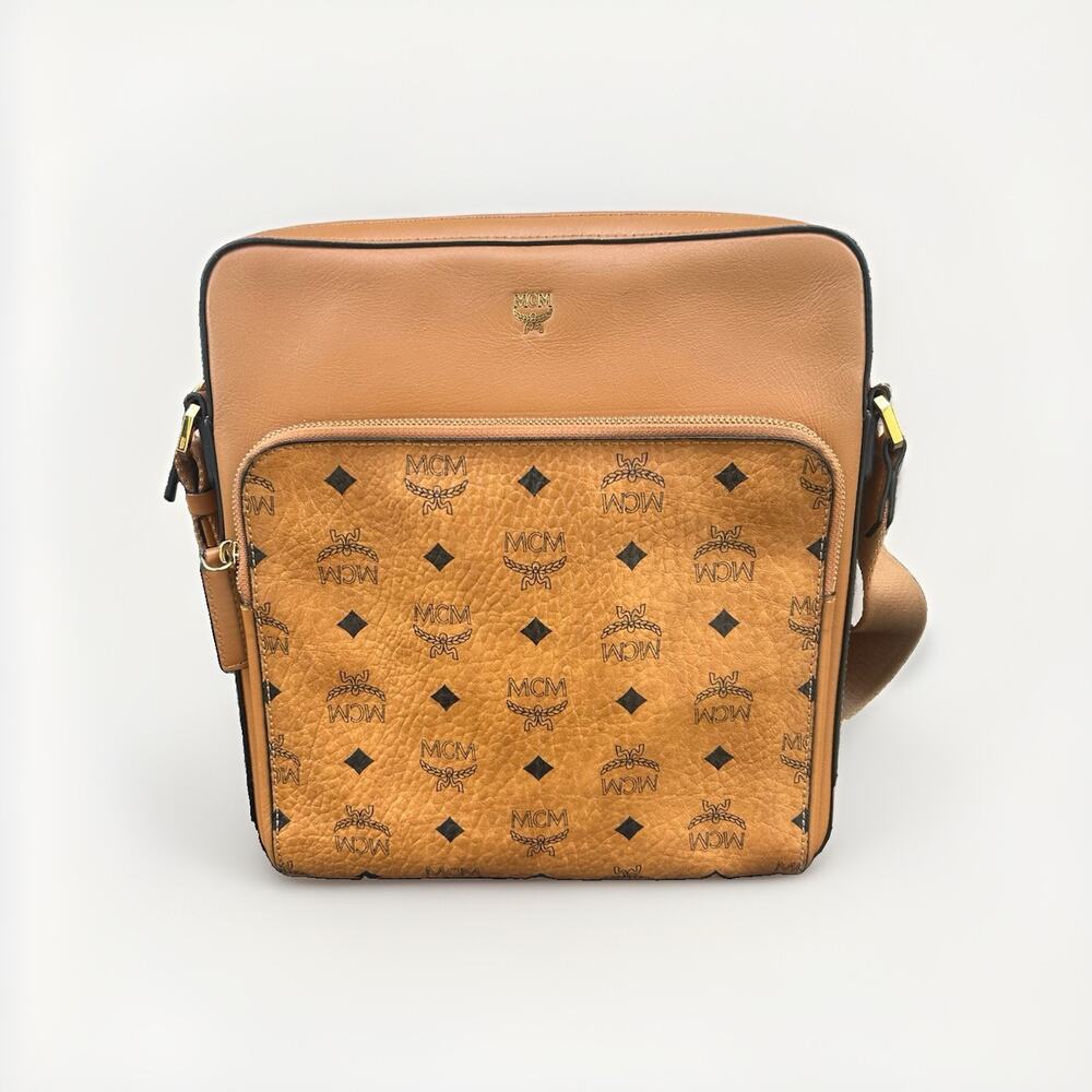 Authentic MCM Visetos Cognac Crossbody Messenger Bag Entrupy COA Excellent